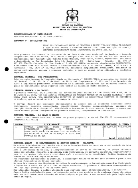 Contrato do show de Xand Avião - Foto: divulgação/TCE-PB