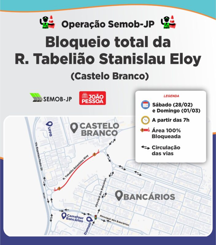 Semob-JP bloqueia trânsito em acesso entre a UFPB e as Três Ruas, nos Bancários, no fim de semana