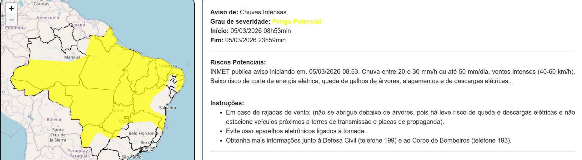 Alerta de chuvas intensas emitido pelo INMET nesta quinta-feira (05)