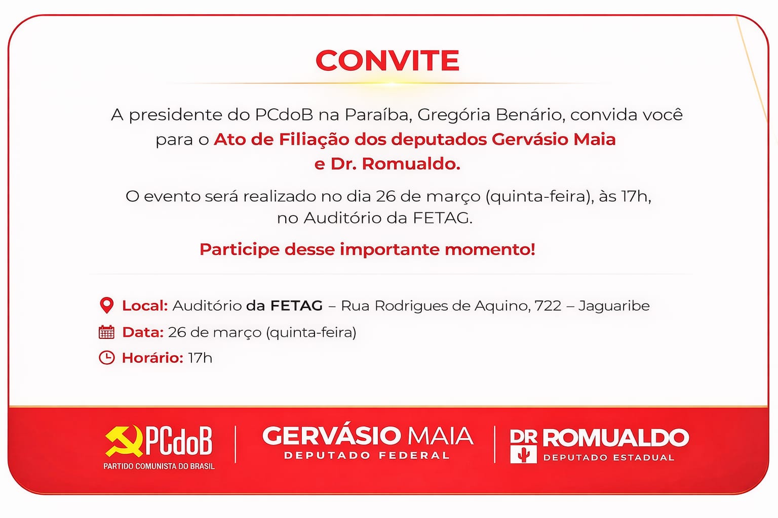 Gervásio Maia e Dr. Romualdo vão se filiar ao Partido Comunista do Brasil na Paraíba nesta quinta-feira