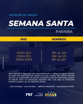 PRF-PB alerta pra restrição de tráfego de veículos de carga na Paraíba durante Semana santa 2026