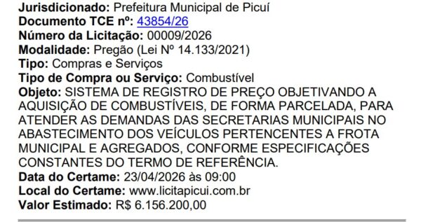 Prefeitura de Picuí lança licitação de mais de R$ 6 milhões para comprar combustível