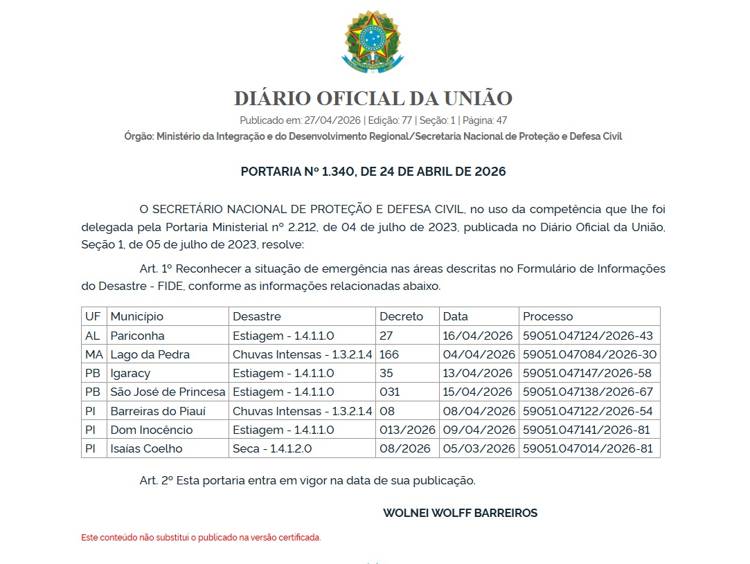 situação de emergência municípios pb