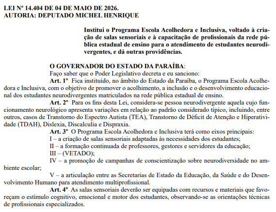 Lei institui Programa Escola Acolhedora e Inclusiva, para proporcionar criação de salas sensoriais para atendimento a estudantes neurodivergentes