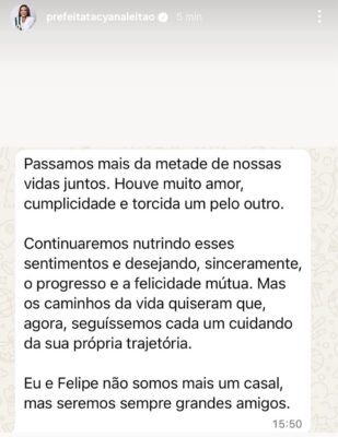 Prefeita de Bayeux desmente postagem sobre fim do casamento com Felipe Leitão