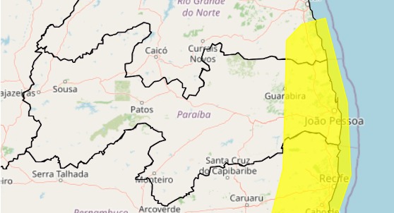 Inmet emite alerta e 51 municípios da Paraíba podem registrar até 50 mm de chuvas nesta terça-feira