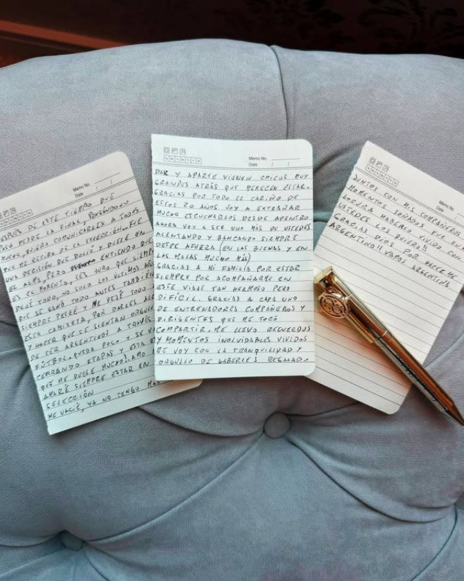 Carta manuscrita de Messi foi divulgada em suas redes sociais