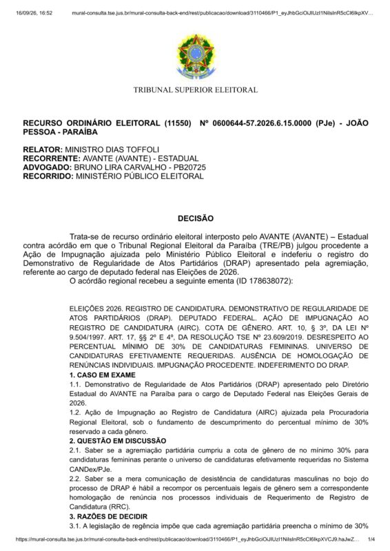 Decis�o do ministro Dias Toffoli, do TSE, ap�s recurso do Avante da Para�ba