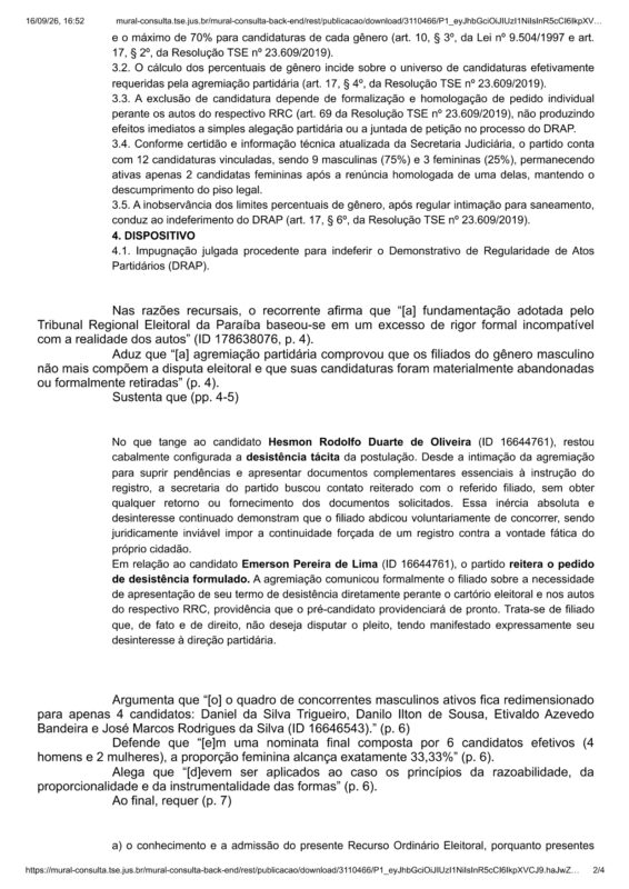 Decis�o do ministro Dias Toffoli, do TSE, ap�s recurso do Avante da Para�ba
