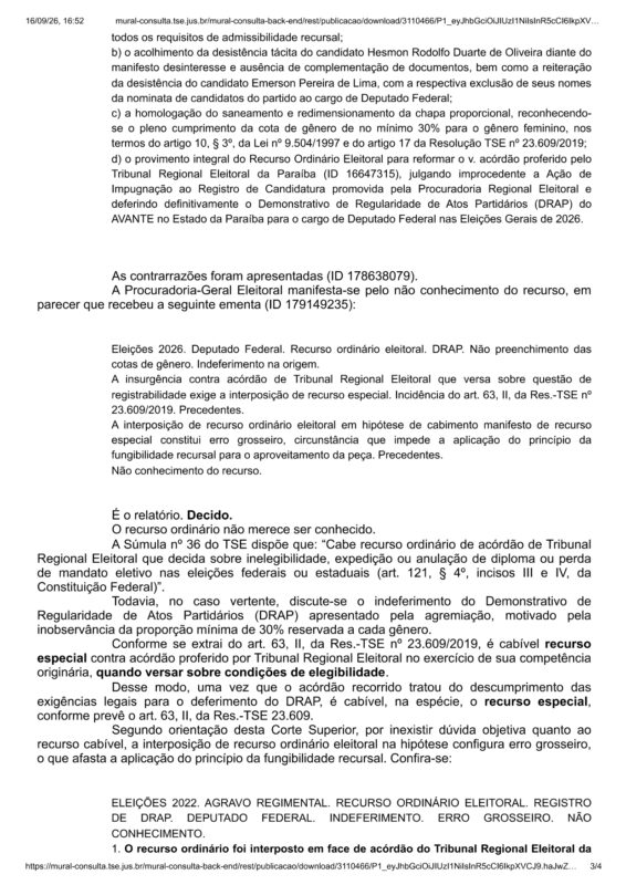 Decis�o do ministro Dias Toffoli, do TSE, ap�s recurso do Avante da Para�ba