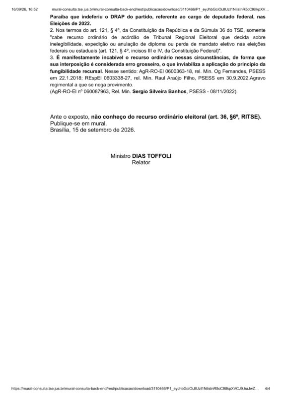 Decis�o do ministro Dias Toffoli, do TSE, ap�s recurso do Avante da Para�ba