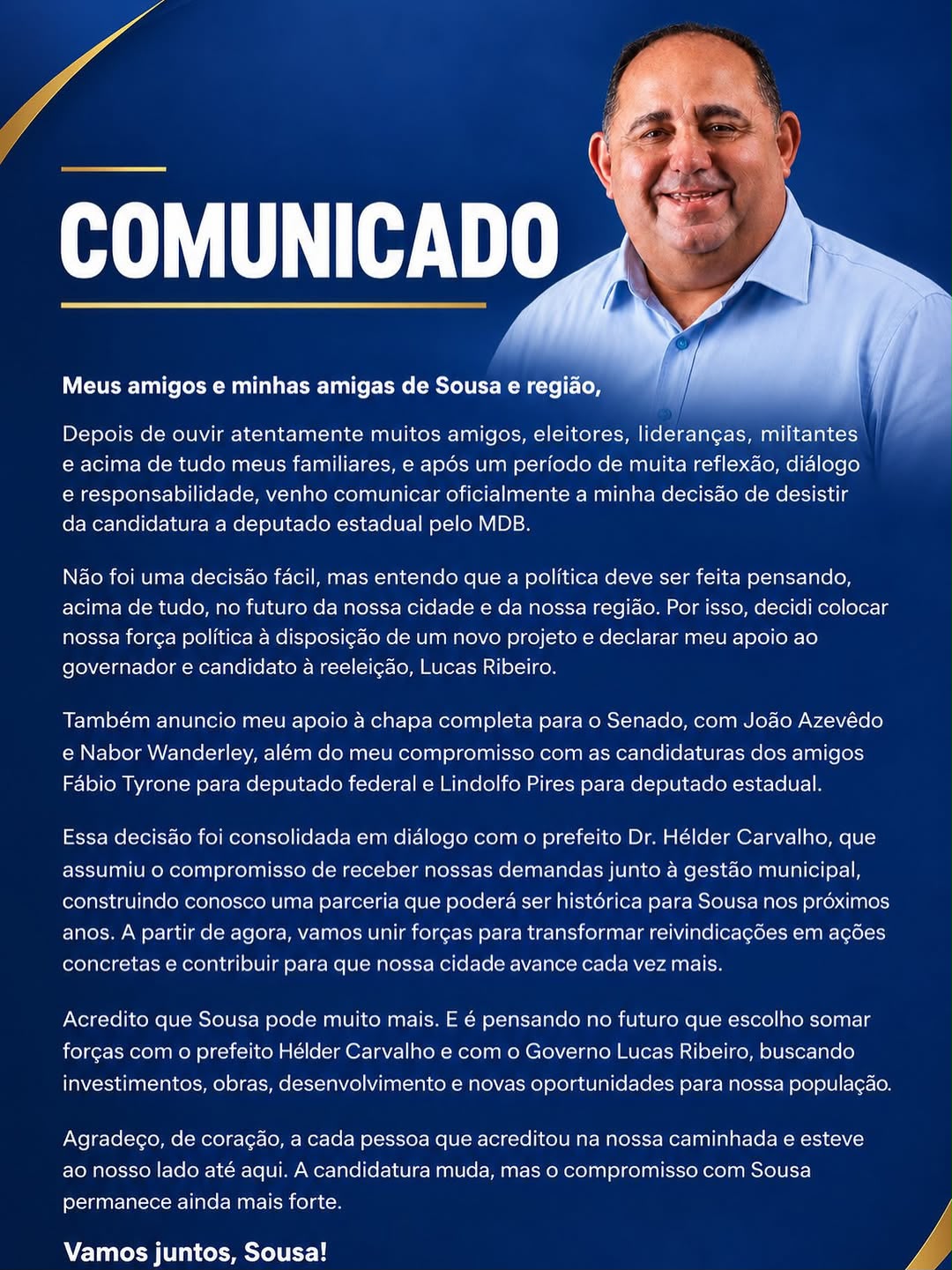 Comunicado - candidato a deputado desiste da disputa
