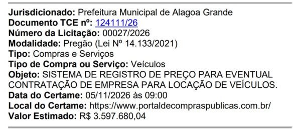 Prefeitura de Alagoa Grande lança licitação